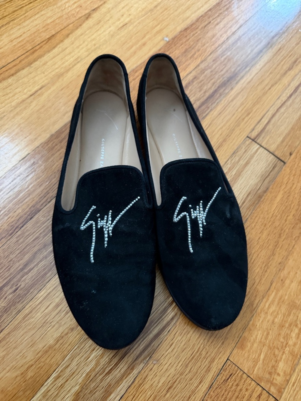 Giuseppe Zanotti Black Suede Crystal-Signature Slip-On Loafers